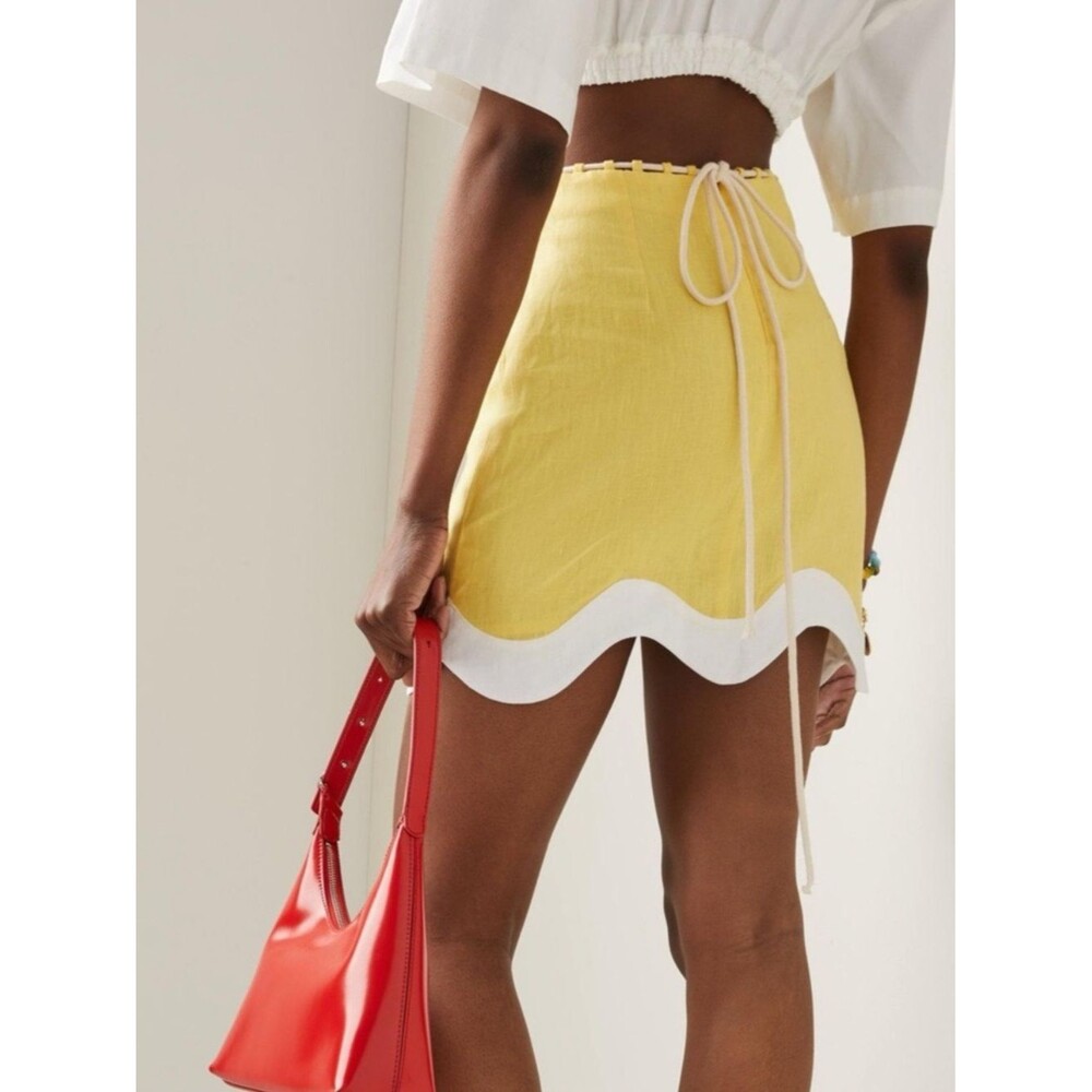 STAUD Ariana Yellow Linen Scalloped Hem Mini Skirt Size 6